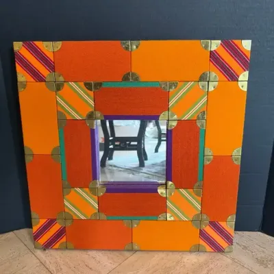 Vintage Textile & Brass Mirror By Alexander Girard For Herman Miller