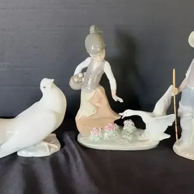 3 Lladro: Fantail Dove 1015, Aggressive Goose 1288, Fisher Boy 4809