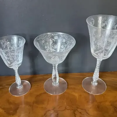 Set Of 12 Vintage Fostoria Crystal Glasses: Water, Champagne & Wine