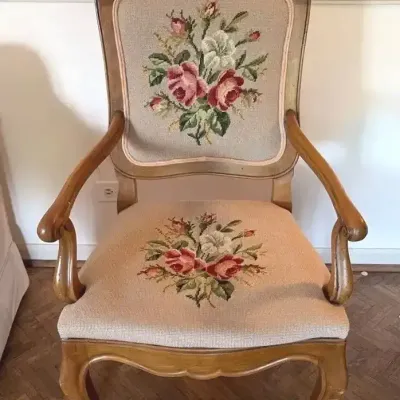 Vintage French-Style Carved Wood & Needle Point Chair