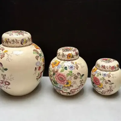 3 Vintage Mason's Nabob GINGER Jars W/Lids- Ironstone China Canisters