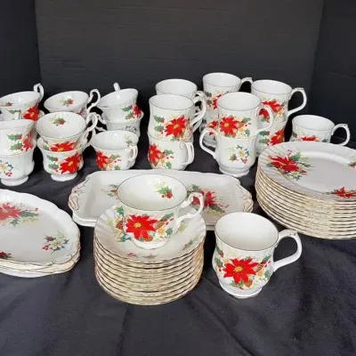 Royal Albert Bone China “Pointsettia” Coffee & Tea Set For 12