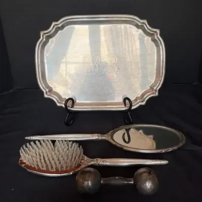 Sterling Tray, Vanity Set & Tiffany Baby Rattle 862g Total