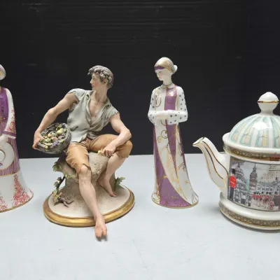 Pair of Bone china figurines, porcelain figurine & teapot