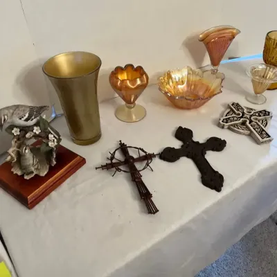 Carnival Glass Marigold Crackle, Amber Depression Glass, Crosses And More