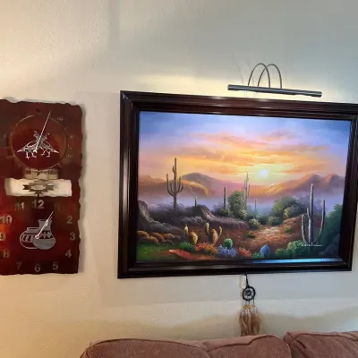 Metal Temperature Clock, Signed And Framed Desert Canvas Painting