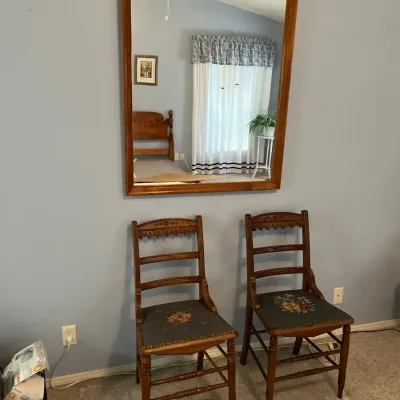 Two Vintage Side Chairs With Needle Point Seats And Mirror