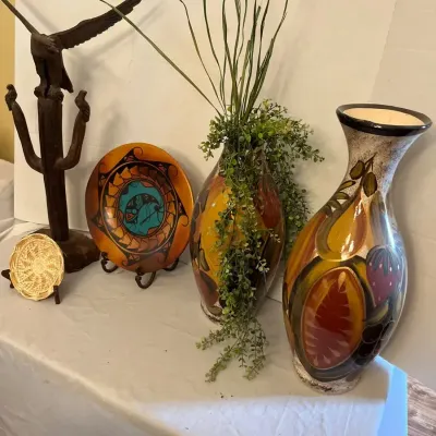 Tall Dark Earth Colored Vases, Wood Carved Eagle, Signed Plate