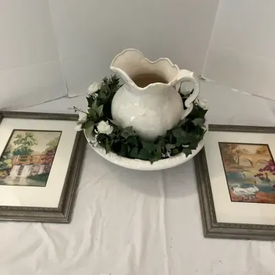A Mid-Century Water Pitcher And Bowl And Two Framed And Signed Pictures 