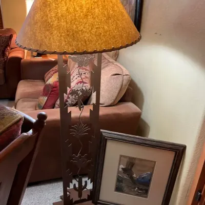 Tall Southwest Designed Floor Lamp And Two Signed Framed Picture