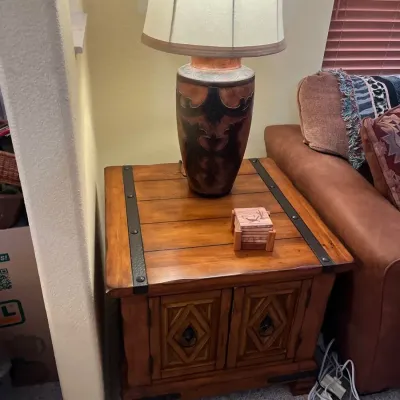 Rustic Wooden Table With Storage And Vase Style Lamp