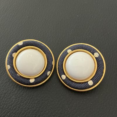 Vintage Polka Dot Fabric and Cabochon Clip-On Earrings