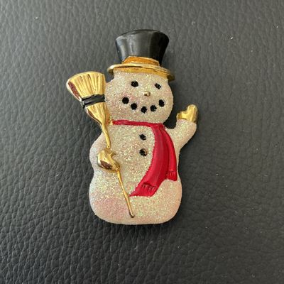 Vintage Glittery Snowman Brooch with Broom and Red Scarf