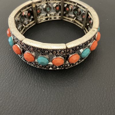 Silver-Tone Stretch Panel Bracelet with Orange and Turquoise-Color Beads