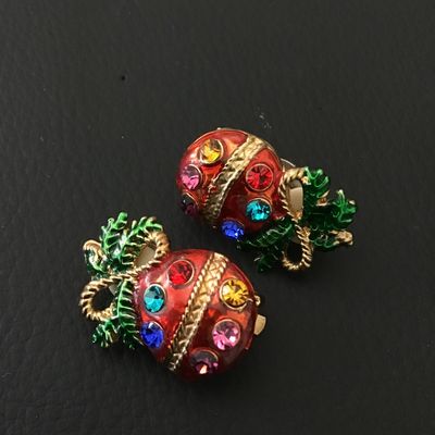 Vintage Christmas Ornament Clip-On Earrings with Rhinestones