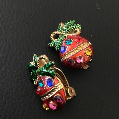 Vintage Christmas Ornament Clip-On Earrings with Rhinestones