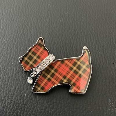 Plaid Scottish Terrier Brooch with Rhinestone Collar