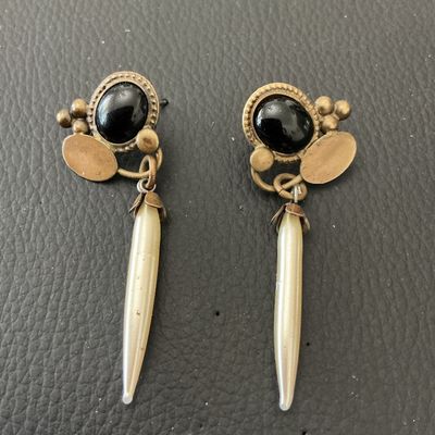 Vintage Brass, Black Cabochon, and Faux Pearl Dangle Earrings