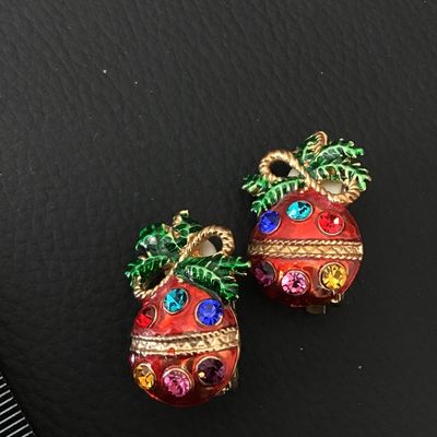 Vintage Christmas Ornament Clip-On Earrings with Rhinestones