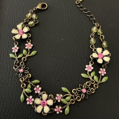 Vintage Style Floral Enamel and Rhinestone Bracelet