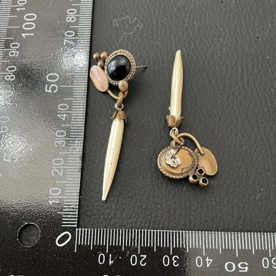 Vintage Brass, Black Cabochon, and Faux Pearl Dangle Earrings