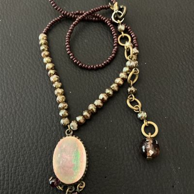 Vintage Beaded Necklace with Iridescent Oval Pendant