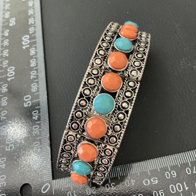Silver-Tone Stretch Panel Bracelet with Orange and Turquoise-Color Beads