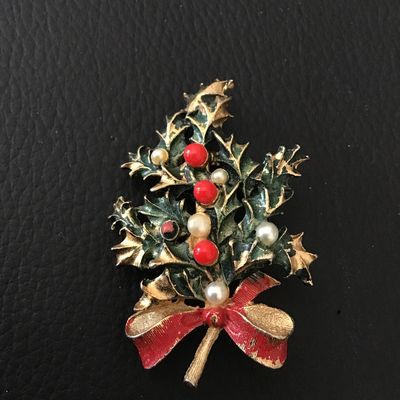 Vintage Roma Enamel Holly and Berry Christmas Brooch