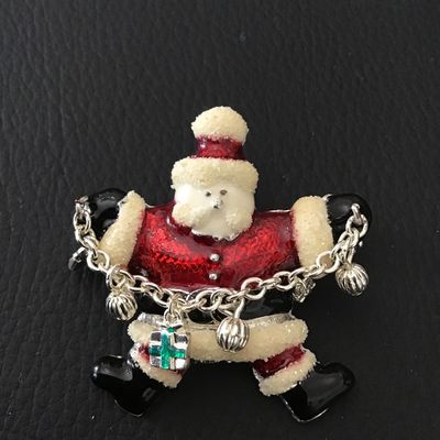 Vintage Enamel Santa Claus Brooch with Charm Chain