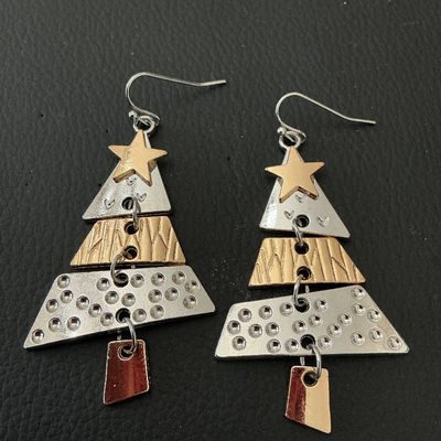 Tri-Tone Metal Christmas Tree Dangle Earrings