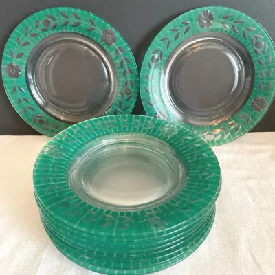 Vintage Set Of Clear Glass Salad Plates With Etched Green Floral Pattern