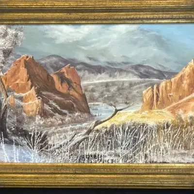 Framed Oil Painting Winter Desert Landscape 