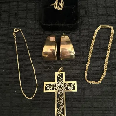 14K Gold Earrings, Ring, 2 Chain Bracelets & Cross Pendant