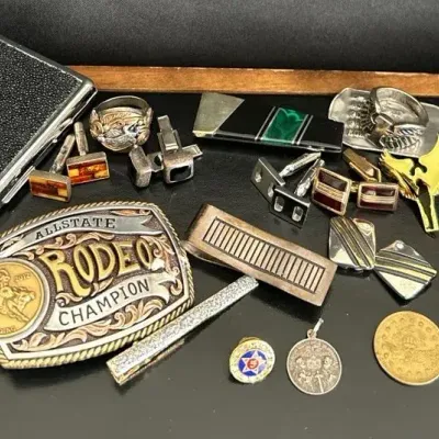 A Manly Lot: Belt Buckle, Cufflinks, Money Clip, Tie Tacks, Rings & More