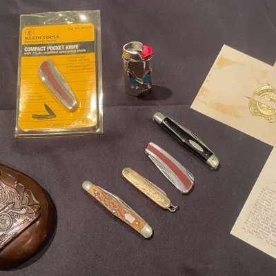 Copper Gun Powder Flask, Pocket Knives & Lighter 