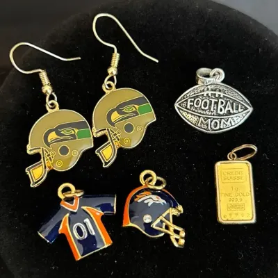 Charmed! Sterling Football Mom Pendant, 1 Gram Gold Pendant, Bronco Charms & Seahawks Earrings