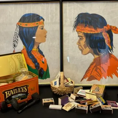 Framed Portrait of Native American Youths and Pipe Paraphernalia with Matches