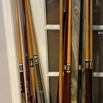 Rustic Wood Pool Cue Holder and Carved/String Wrapped Pool Cues 