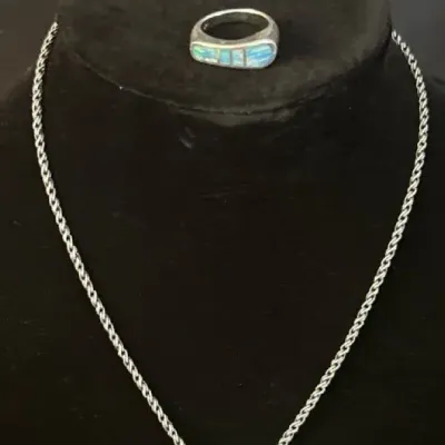 Sterling Silver Blue/Green Opal Floating Cube Necklace & Stunning Ring