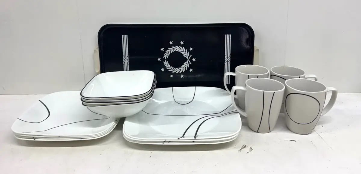 16 Piece Corelle Dinnerware Set With Vintage Enamel Tray