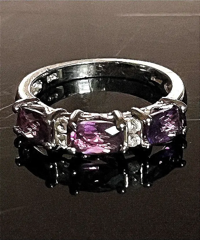Sterling Silver .925 3 Purple Stone 4 CZ Ring