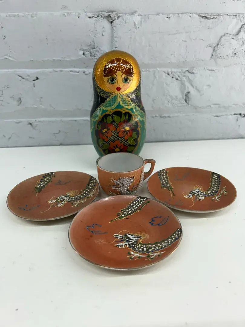 Russian Matryoshka Doll w/ Vintage Japanese Demitasse Cup and 3 Saucers