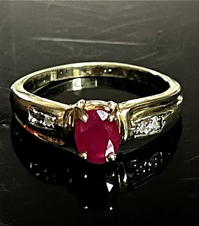 10K Yellow Gold Genuine Oval Ruby 4 Diamond Ring