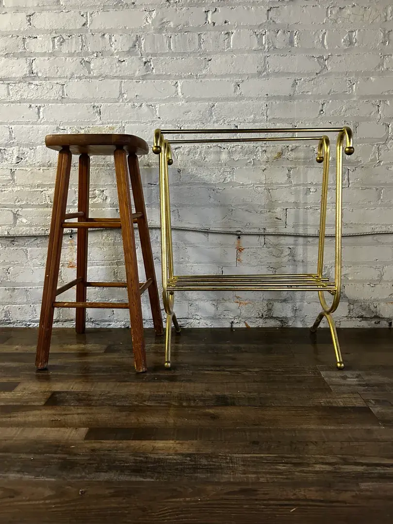 Vintage Oak Stool & Gold Metal Quilt Rack