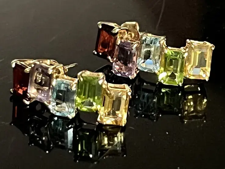 14K Yellow Gold 5 Genuine Semiprecious Stone Drop Earrings