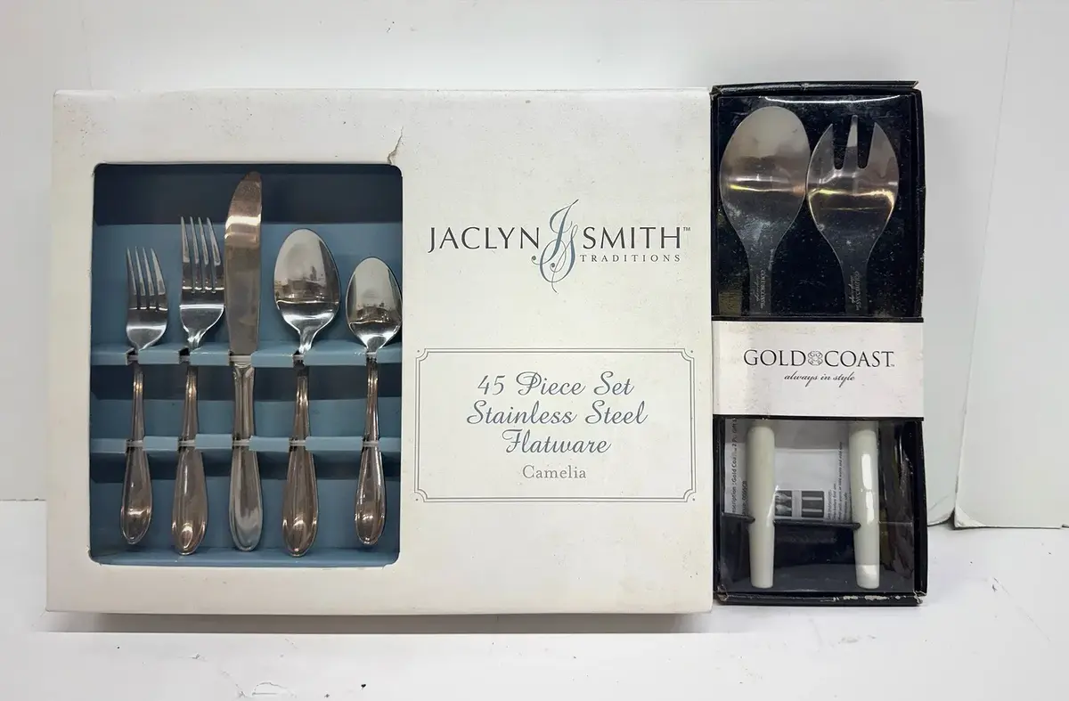 New In Box Jaclyn Smith 45 Piece Set Flatware Set And Hold Coast Serving Spoon Set