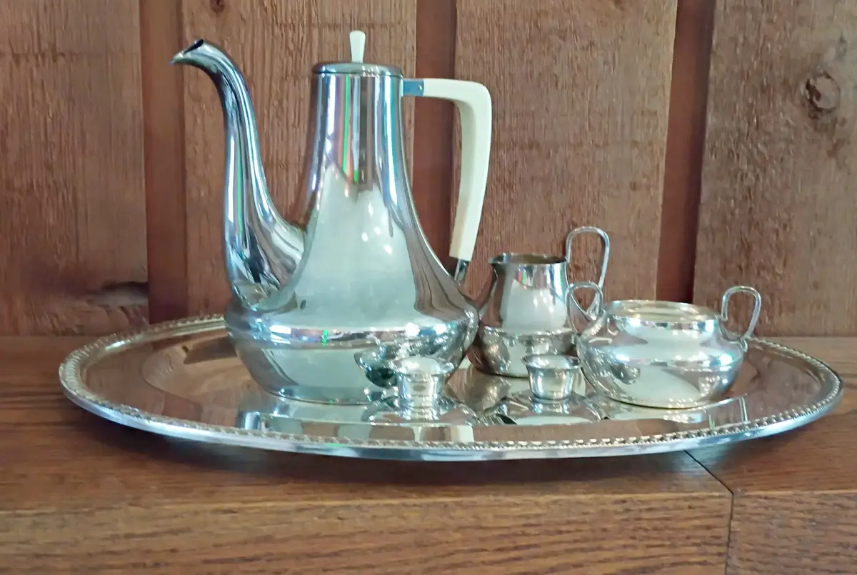 E. Dragsted Silver Plated on Brass Coffee Pot, Cream & Sugar, 2 Treider Denmark Candleholders