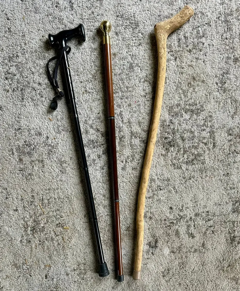 Trio of Canes/Walking Aids - Modern Adjustable Black, Dress Cane & Rustic Natural Wood Walking Stick
