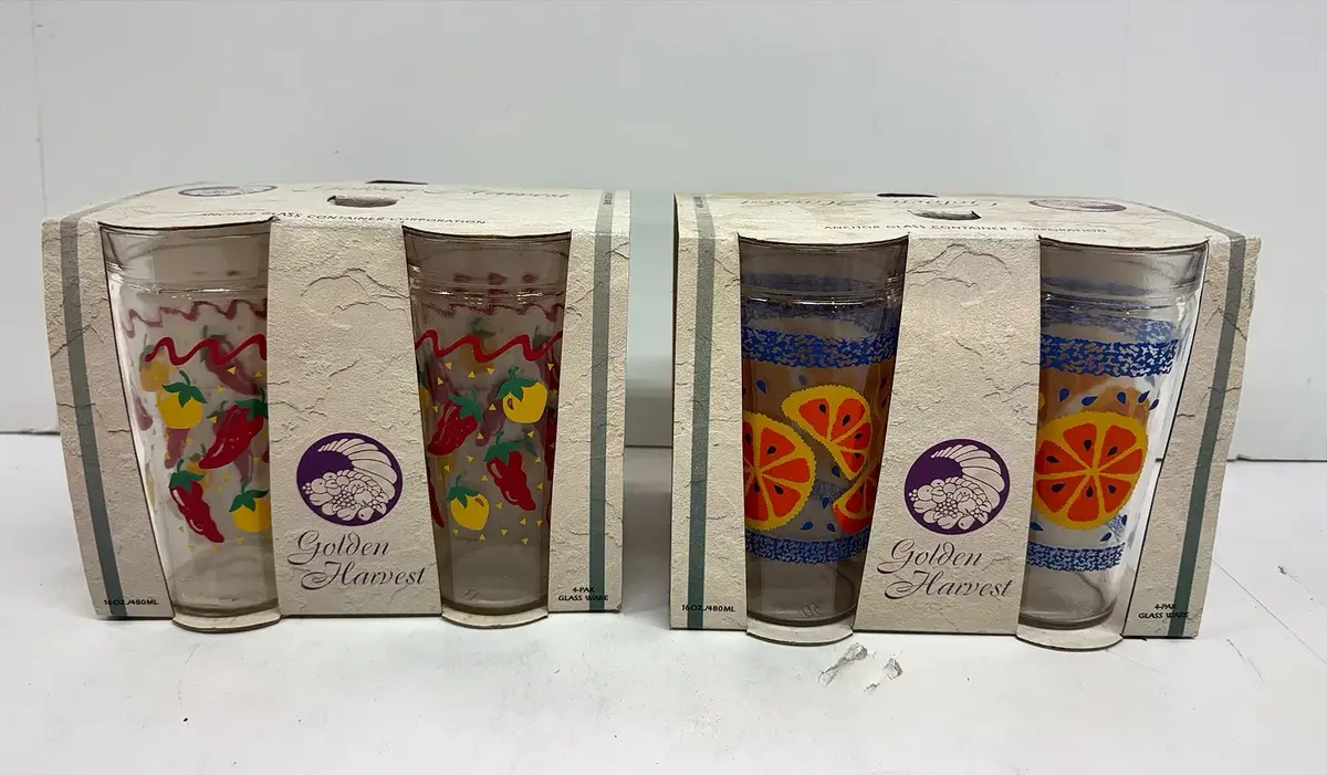 Vintage Anchor Hocking Golden Harvest Glass Tumblers In Original Packaging 