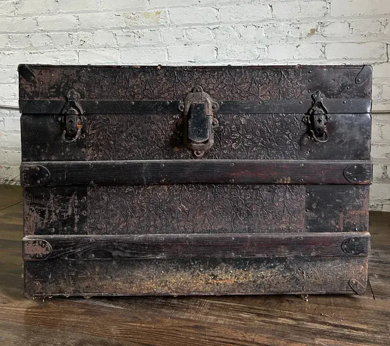 Victorian Pressed Metal and Oak Trunk